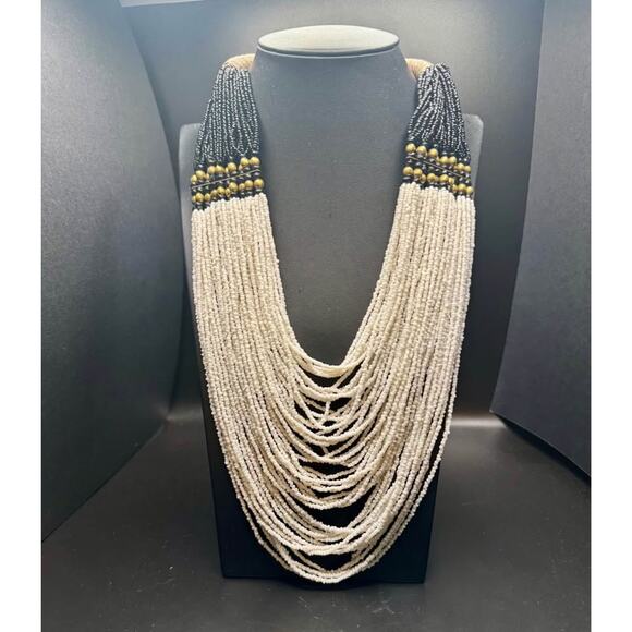 Vintage Handmade Multistring White and black Beaded Statement Necklace - Picture 3 of 9
